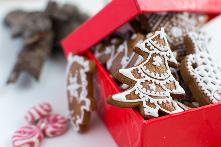 Traditional Christmas gingerbread cookies in a red gift box