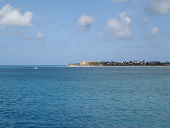 Distant View of Aruba Island with Turquoise Caribbean Sea