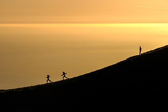 Silhouettes of runners on a hill at sunset