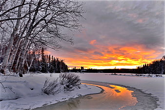 Winter sunset over a frozen river with birch trees and snow
