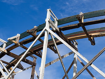 Wooden Rollercoaster Tracks Against Blue Sky