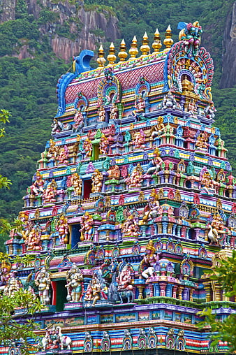 Colorful Hindu Temple Gopuram with Intricate Sculptures