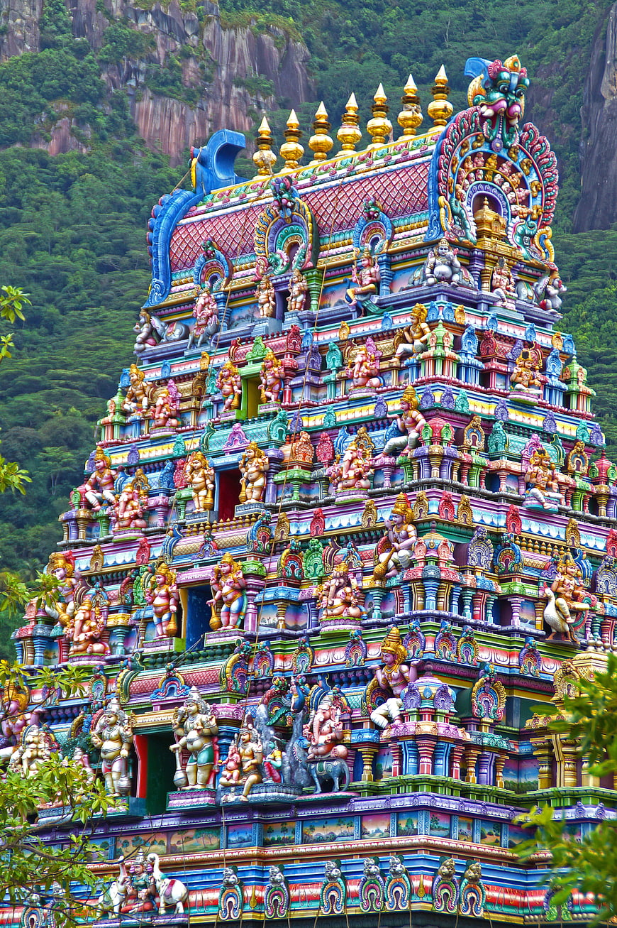 Colorful Hindu Temple Gopuram with Intricate Sculptures