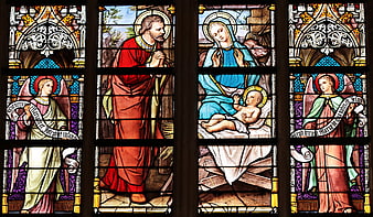 Stained Glass Nativity Scene with Angels and Holy Family
