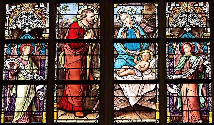 Stained Glass Nativity Scene with Angels and Holy Family