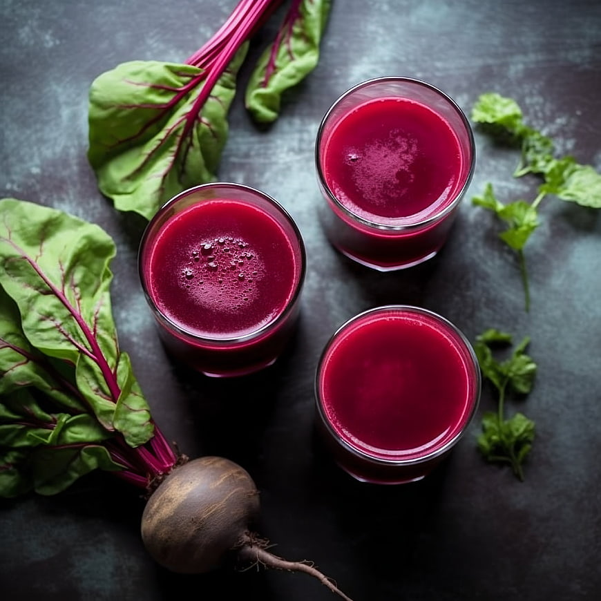 Fresh beetroot juice glasses with raw beets top view