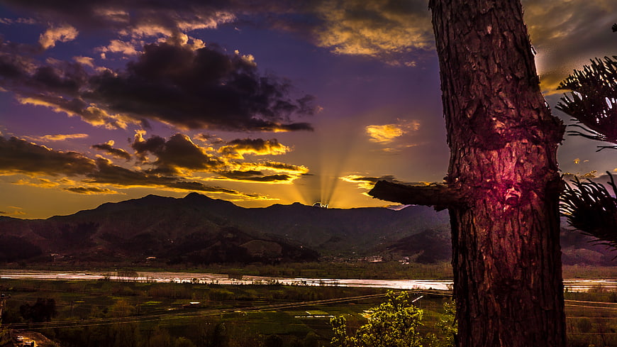 Dramatic Sunset Over Mountain Valley with Tree Foreground