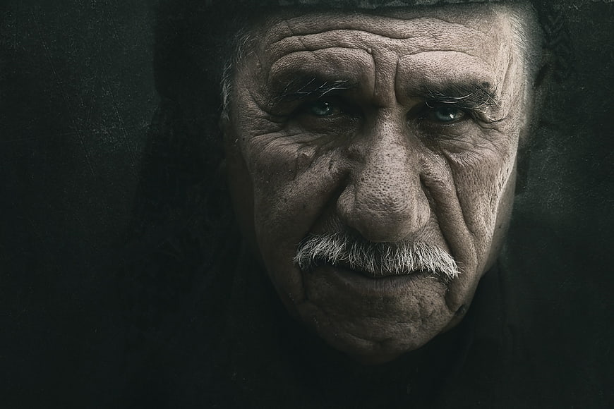Dramatic Close-Up Portrait Of An Elderly Man With Intense Gaze