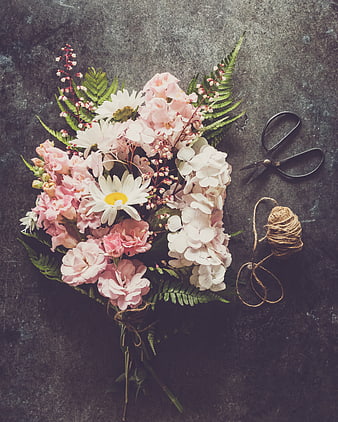 Rustic Pink Floral Bouquet Flat Lay with Scissors