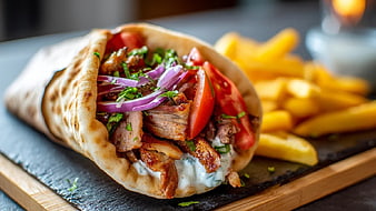Grilled Meat Wrap with Fries on Slate Board