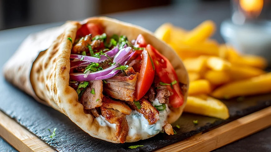 Grilled Meat Wrap with Fries on Slate Board