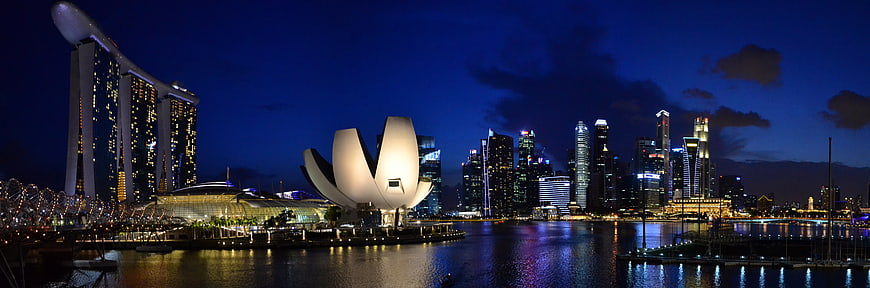 Panoramic Night View of Singapore Marina Bay Sands Skyline