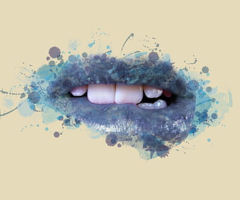 Abstract Blue Watercolor Lips and Teeth on Beige Background