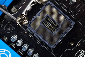 Close-up of empty CPU socket on computer motherboard