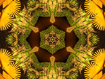 Abstract kaleidoscope pattern with green leaves and yellow fans