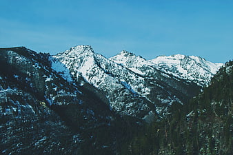 Snow-Capped Mountain Peaks with Forested Slopes Under Blue Sky