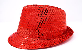 Red Sequin Fedora Hat on White Background