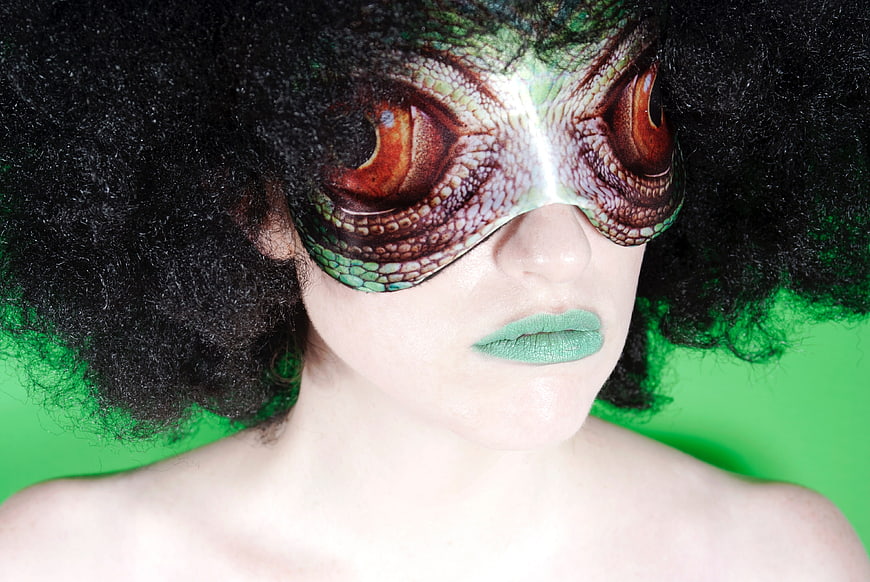 Woman with Chameleon Mask and Green Lips