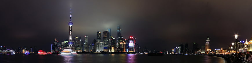 Panoramic Night View of Shanghai Skyline and Huangpu River