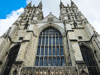 Low angle view of historic Gothic cathedral facade
