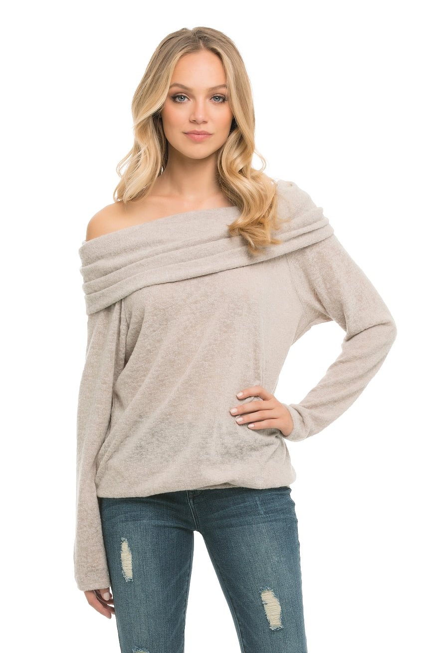 Blonde Woman in Beige Off-Shoulder Sweater and Jeans