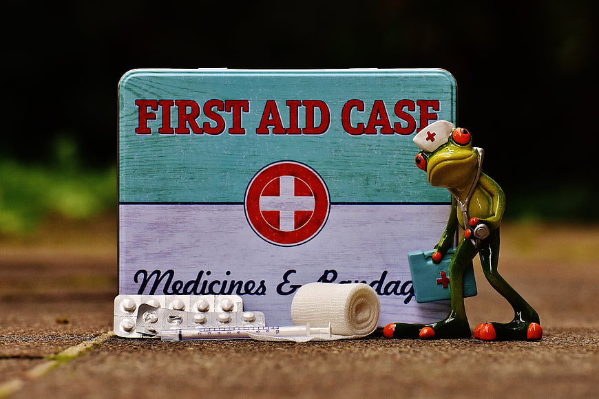 Cute frog doctor figurine with first aid kit and medical supplies