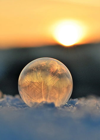Frozen Soap Bubble with Ice Crystals at Sunset