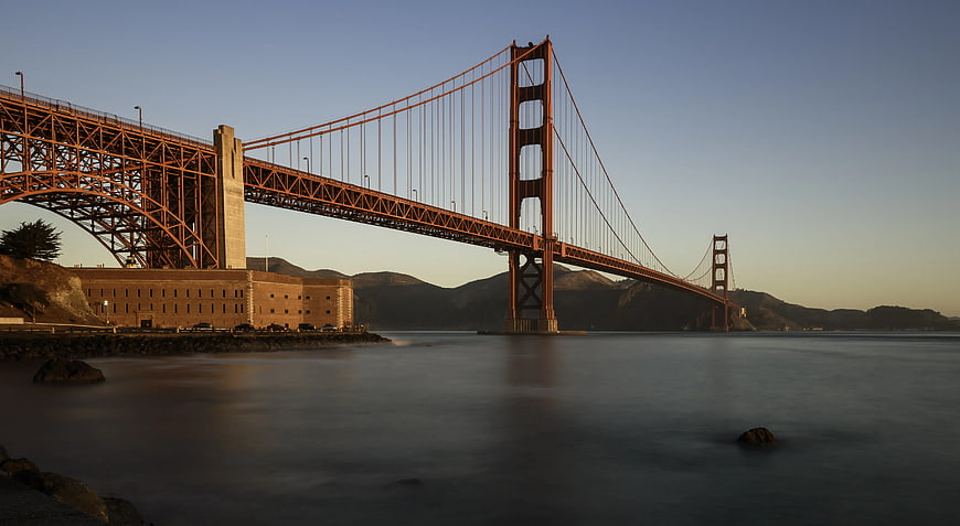 Golden Gate Bridge at Sunset with Smooth Water