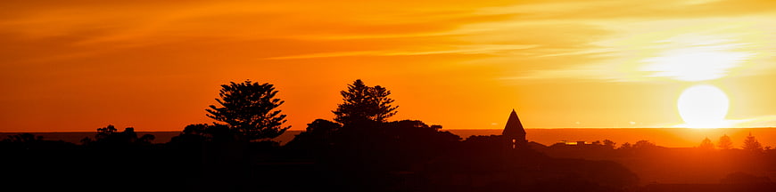 Panoramic sunset silhouette of trees and church spire
