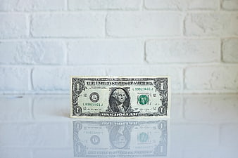 One Dollar Bill on White Brick Wall with Reflection