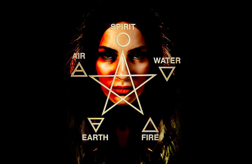 Mystical Woman Face With Pentagram And Elemental Symbols