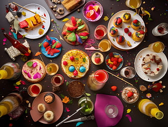 Colorful overhead flat lay of party desserts, cakes, and drinks