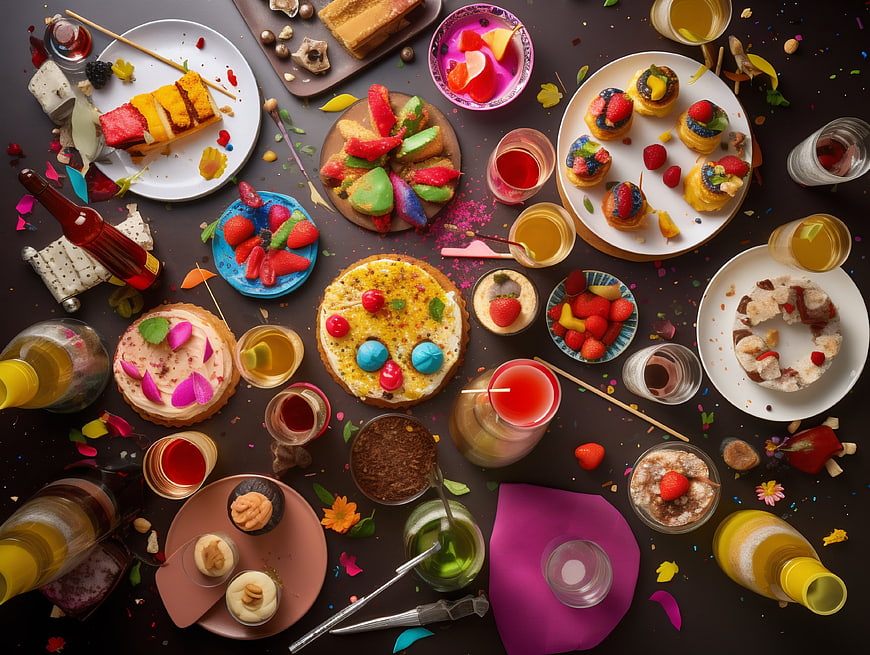 Colorful overhead flat lay of party desserts, cakes, and drinks