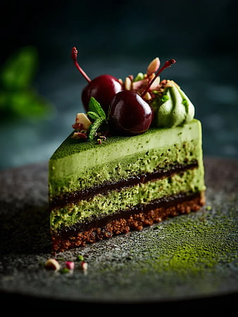 Gourmet Matcha Layer Cake Slice with Cherries and Pistachios