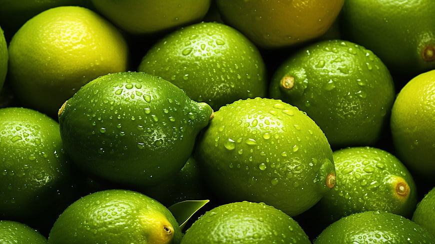 Fresh Green Limes with Water Droplets Close Up