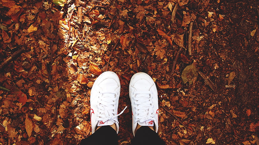 White sneakers on autumn leaves top view