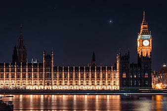 Big Ben and Houses of Parliament at Night with River Reflection