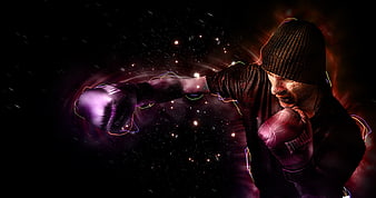 Boxer Punching with Neon Light Trails and Cosmic Background