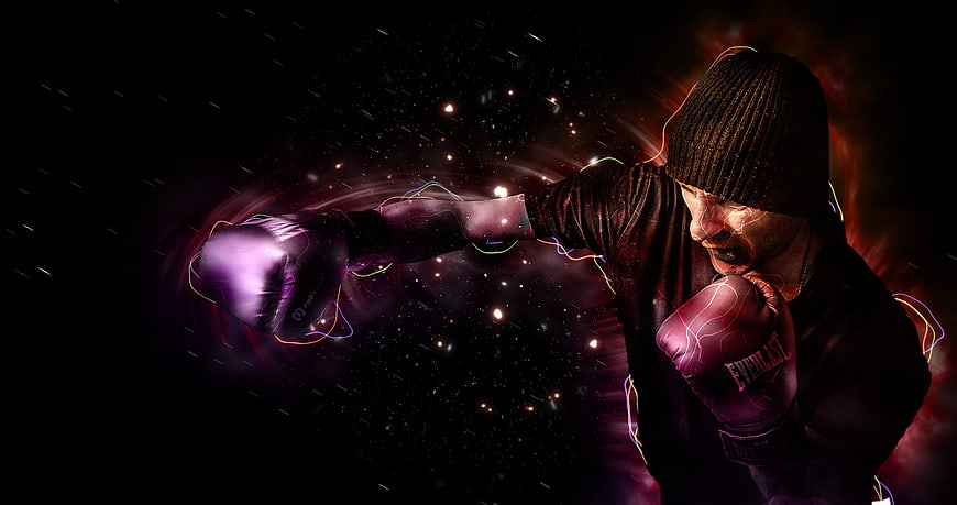 Boxer Punching with Neon Light Trails and Cosmic Background