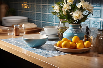 Fresh lemons and white flowers on a kitchen counter