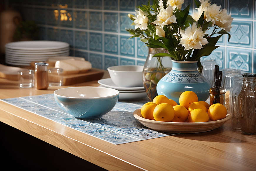 Fresh lemons and white flowers on a kitchen counter
