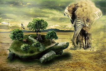 Surreal Fantasy Landscape With Giant Turtle Island And Dusty Elephant
