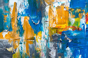 Abstract textured painting with blue, yellow, and white acrylic layers