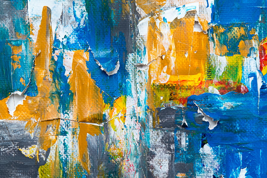 Abstract textured painting with blue, yellow, and white acrylic layers