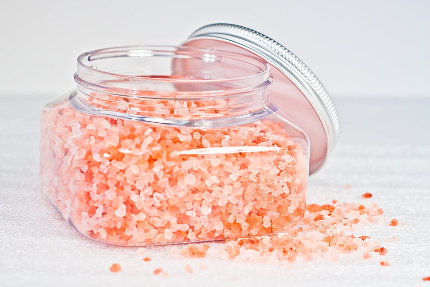 Glass Jar of Pink Himalayan Bath Salt Crystals