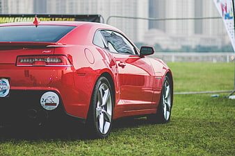 Red Sports Car Parked on Grass Field