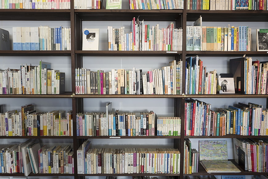 Colorful Japanese Books on Wooden Library Shelves