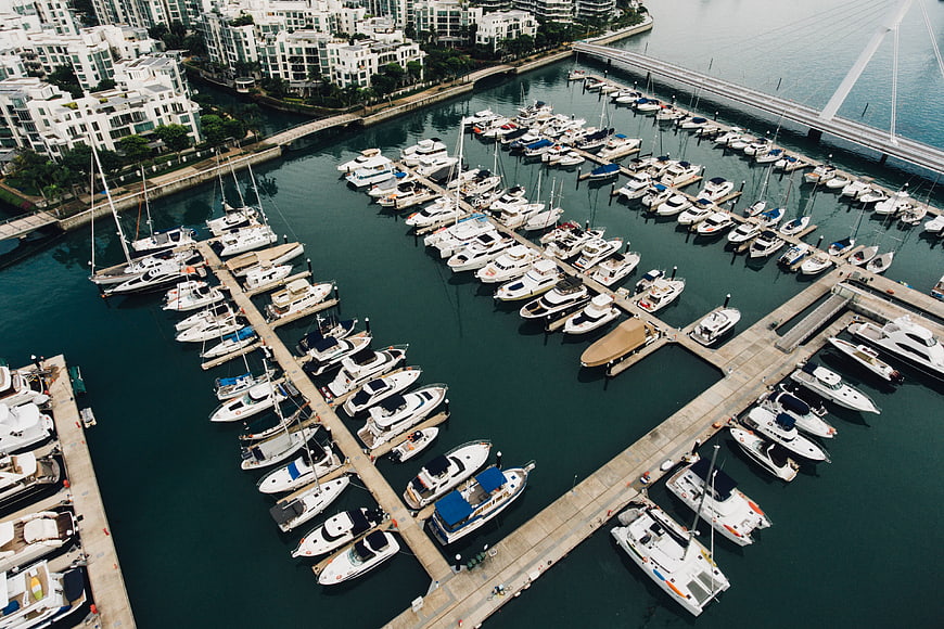 Aerial view of luxury yachts docked in a marina