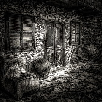 Black and white stone courtyard with wooden shutters and ancient jars