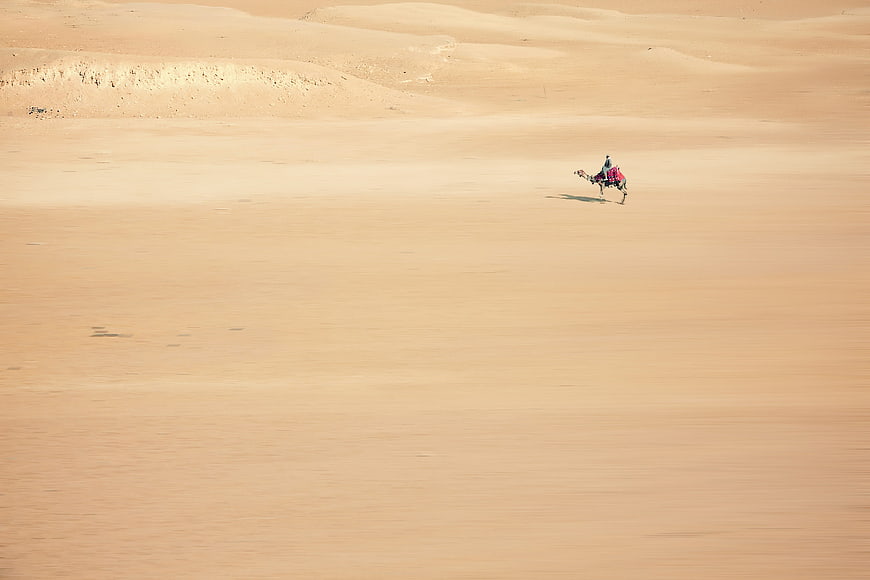 Lone Camel Rider Crossing Vast Sahara Desert Sand Dunes